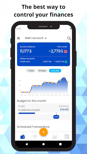 Expenless Money Manager app main dashboard showing account balance, budget tracking graph, and scheduled transactions