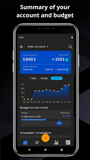 Finance tracker summary screen displaying account balance chart, monthly budget progress, and transaction overview