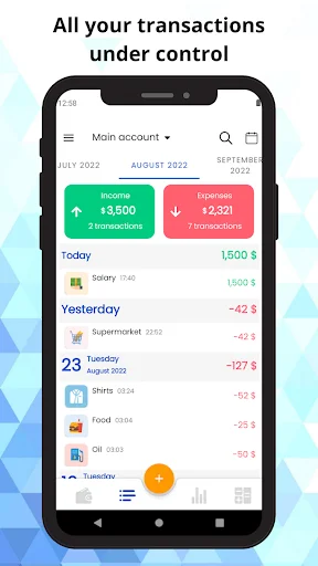 Transaction list view in Expenless showing income and expenses organized by date with category icons