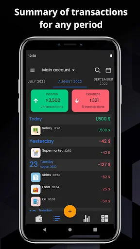 Dark mode transaction summary screen showing monthly income, expenses, and categorized spending list