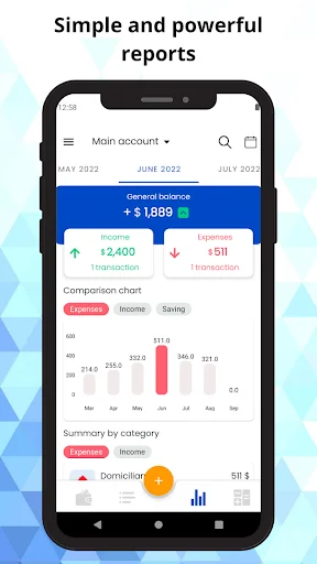 Financial reports screen with bar chart comparing income, expenses, and savings by category
