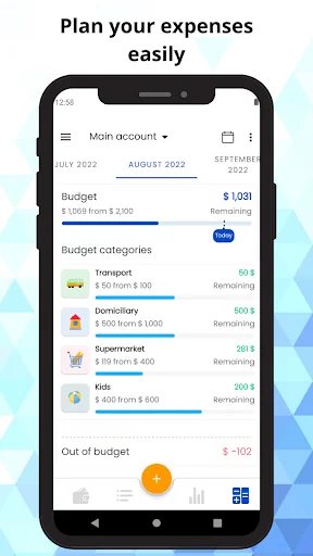 Budget planner interface showing expense categories with progress bars and remaining amounts for each budget