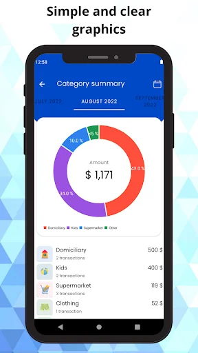 Pie chart visualization showing spending breakdown by category in money management app
