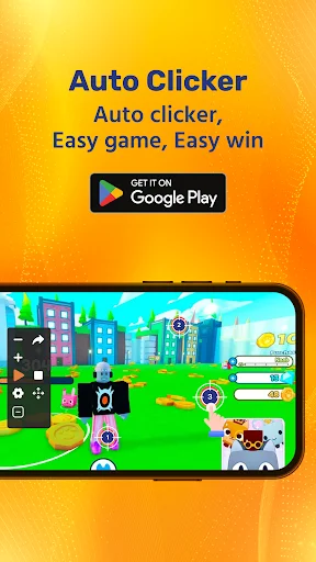 Auto Clicker Fast Tap app download screen with Google Play button and easy game automation tagline