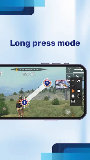 Long press mode mobile game showing extended tap action with circular target points