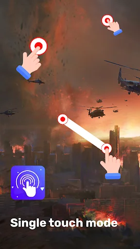 Single touch mode showing automated one-click tap automation with hand pointer indicators on targets