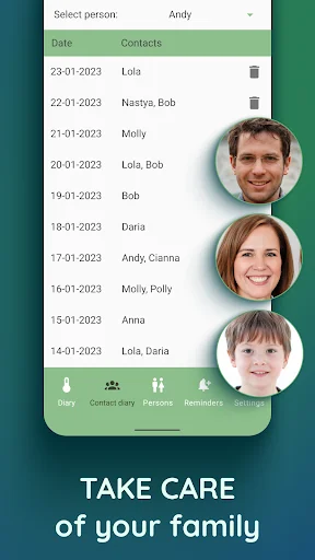 Family fever tracker contact diary showing multiple family members with profile photos and temperature check dates
