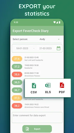 Export fever statistics screen showing CSV XLS PDF format options for temperature data and health reports