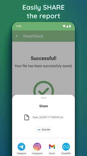Share fever tracker report success screen with export options including Telegram Instagram Gmail ShareMe