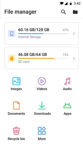 File Manager app main screen showing internal storage and SD card usage with category icons for organizing files