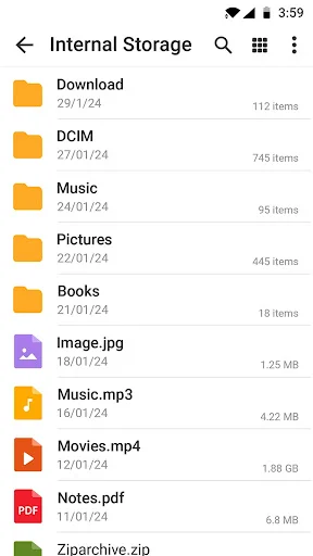 Internal Storage folder view displaying organized files including downloads, music, pictures, and document folders