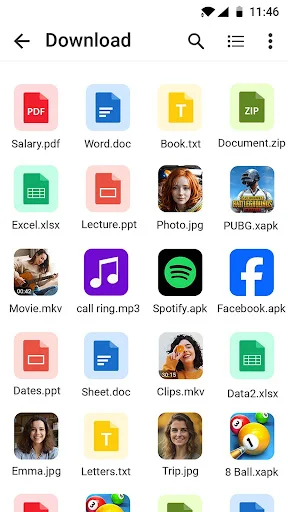 Download folder showing grid of various file types including PDFs, documents, images, videos, and APK files