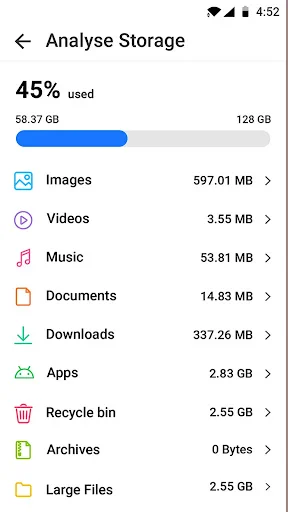 Storage analysis screen showing space usage breakdown by categories like images, videos, music, and documents