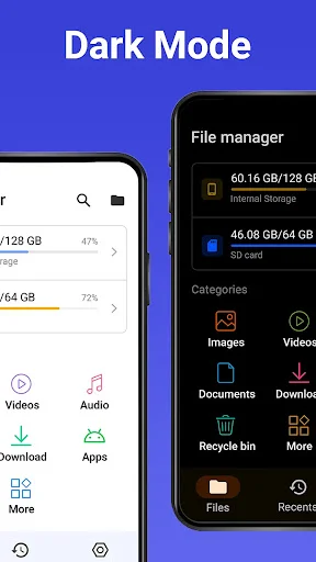File Manager app displaying dark mode interface with storage overview and file category navigation menu