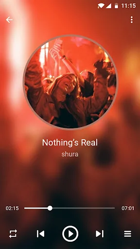 Audio player interface displaying song Nothing's Real by shura with playback controls and progress bar
