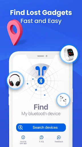 Find My Bluetooth Device app home screen showing radar interface to search and locate lost Bluetooth gadgets
