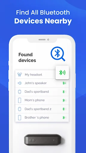 Bluetooth device scanner showing list of found nearby devices including headsets, speakers, phones and smartbands