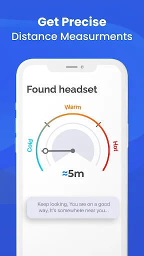 Distance measurement screen showing headset approximately 5 meters away with warm/hot proximity indicator gauge