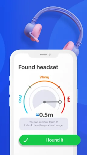Bluetooth headset found at 0.5 meters distance with green 'I found it' button and proximity temperature gauge