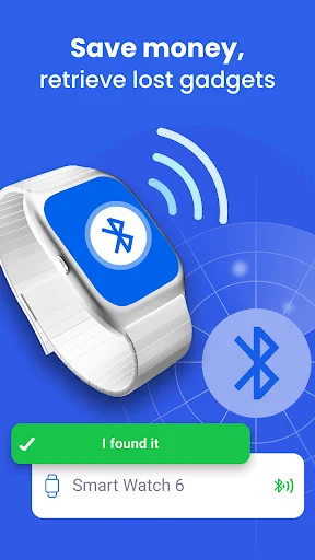 Retrieve lost Bluetooth gadgets screen showing smart watch found with green confirmation and connection status