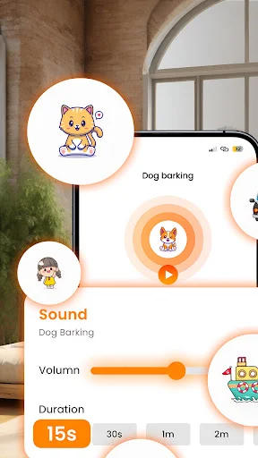 Dog barking sound settings screen with volume and duration controls - phone finder alert options