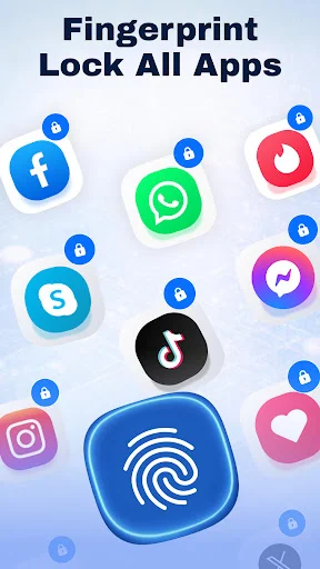 Fingerprint app locker home screen showing popular app icons around large fingerprint lock symbol for app security