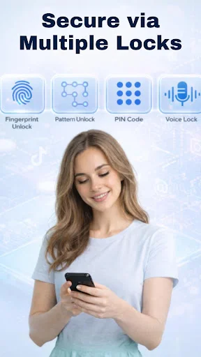 Multiple security lock methods including fingerprint, pattern unlock, PIN code, and voice lock with woman using phone