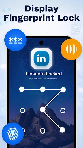 LinkedIn app locked screen displaying fingerprint authentication with pattern unlock interface and security options
