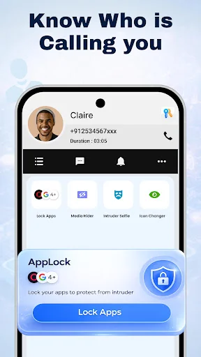 Incoming call screen showing caller Claire with call ID feature and AppLock app lock button for call protection