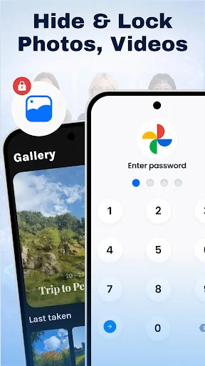 Gallery photo lock feature with password-protected albums and PIN code entry screen for hiding sensitive photos