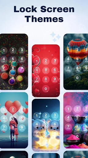 Lock screen theme gallery displaying customizable themes including cosmic, hearts, underwater, and gradient designs