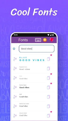 Cool Fonts app home screen showing stylized text options for 'Good vibes' with copy buttons