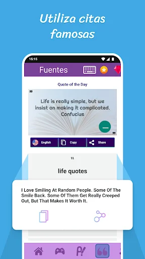 Famous quotes feature in Spanish with life quote display and copy functionality