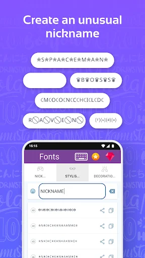Create unusual nickname screen with decorative font examples and text input field in Fonts app