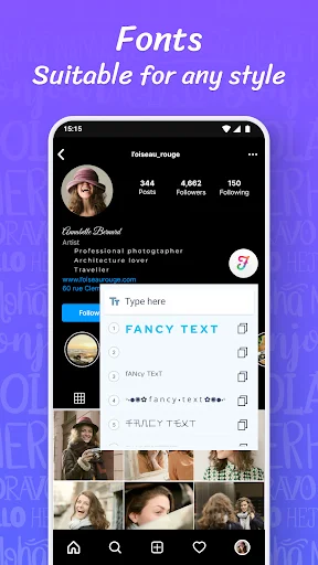Fonts app integration with Instagram profile showing fancy text styles for bio editing