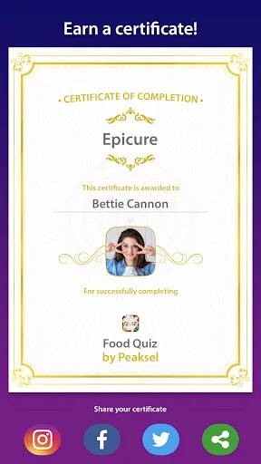 Food Quiz completion certificate showing Epicure achievement award with social sharing options to celebrate quiz completion.