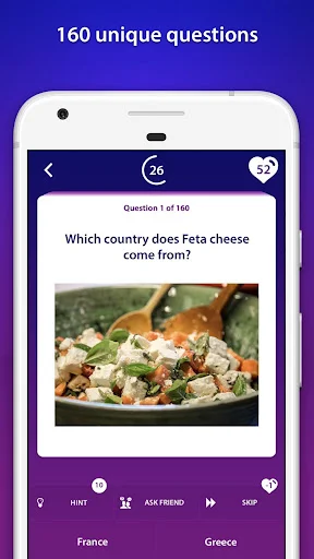 Food Quiz question interface showing feta cheese image with multiple choice country answers