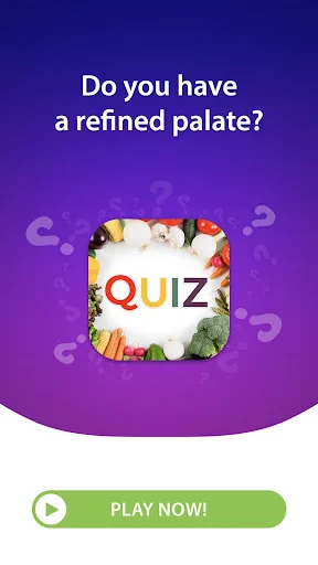 Food Quiz Games welcome screen with app logo and Play Now button to start answering food knowledge trivia questions.
