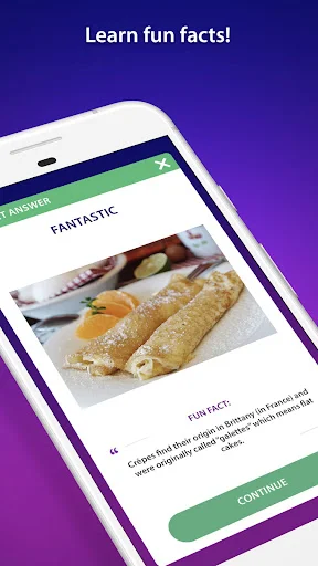 Food Quiz fact learning screen displaying educational content about food with continue button to proceed in trivia.
