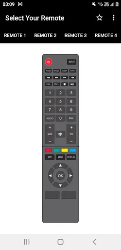 Traditional remote showing numeric keypad, power button, color buttons, mute, and navigation pad for Funai TV control