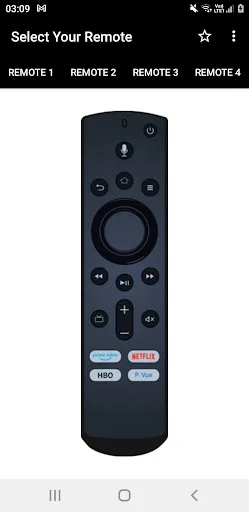 Modern remote control with microphone voice button, navigation pad, and Netflix, HBO, Apple+ streaming service shortcuts