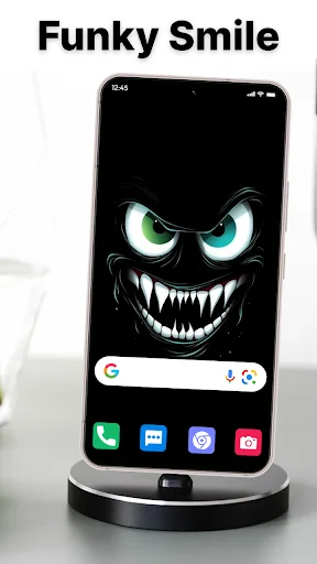 Funky smile animated wallpaper with glowing green eyes and wide grin for phone personalization