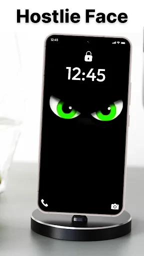 Hostile face animated wallpaper with bright neon green glowing eyes for lock screen design