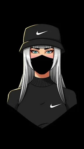 Gaming profile picture of character with silver hair, black mask, and Nike cap on dark background