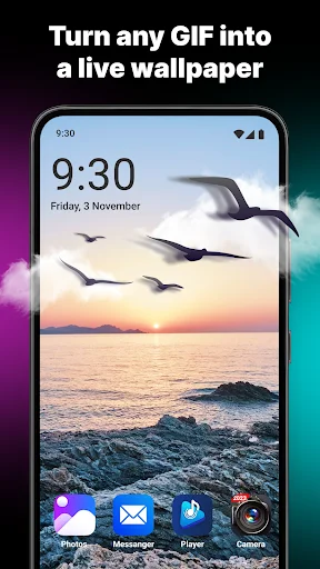 GIF Live Wallpaper app showing animated seabirds at sunset on phone home screen with app icons