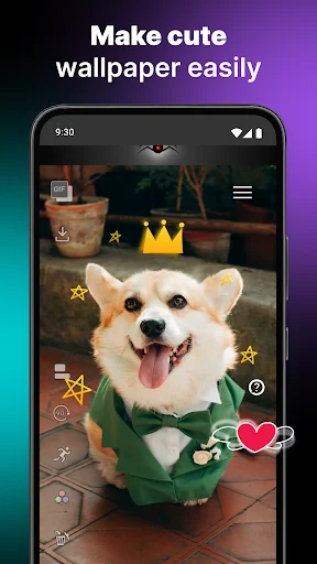 GIF Live Wallpaper editor with cute corgi dog wearing crown, adding stickers to customize wallpaper
