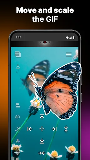 GIF editing interface with butterfly image showing move and scale controls for wallpaper positioning