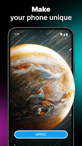 Live wallpaper preview of Jupiter planet with blue Apply button to set as phone background