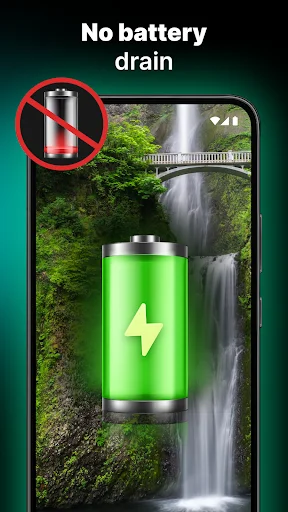 No battery drain feature showing waterfall live wallpaper with full battery indicator icon