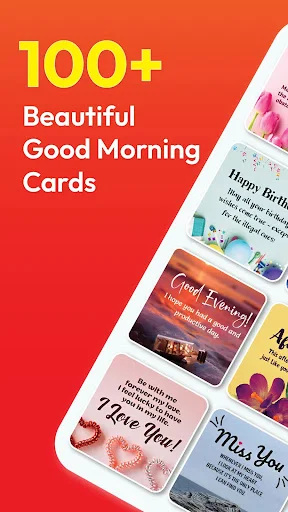 Good Morning Quotes app showing 100+ beautiful greeting cards with colorful designs on mobile interface